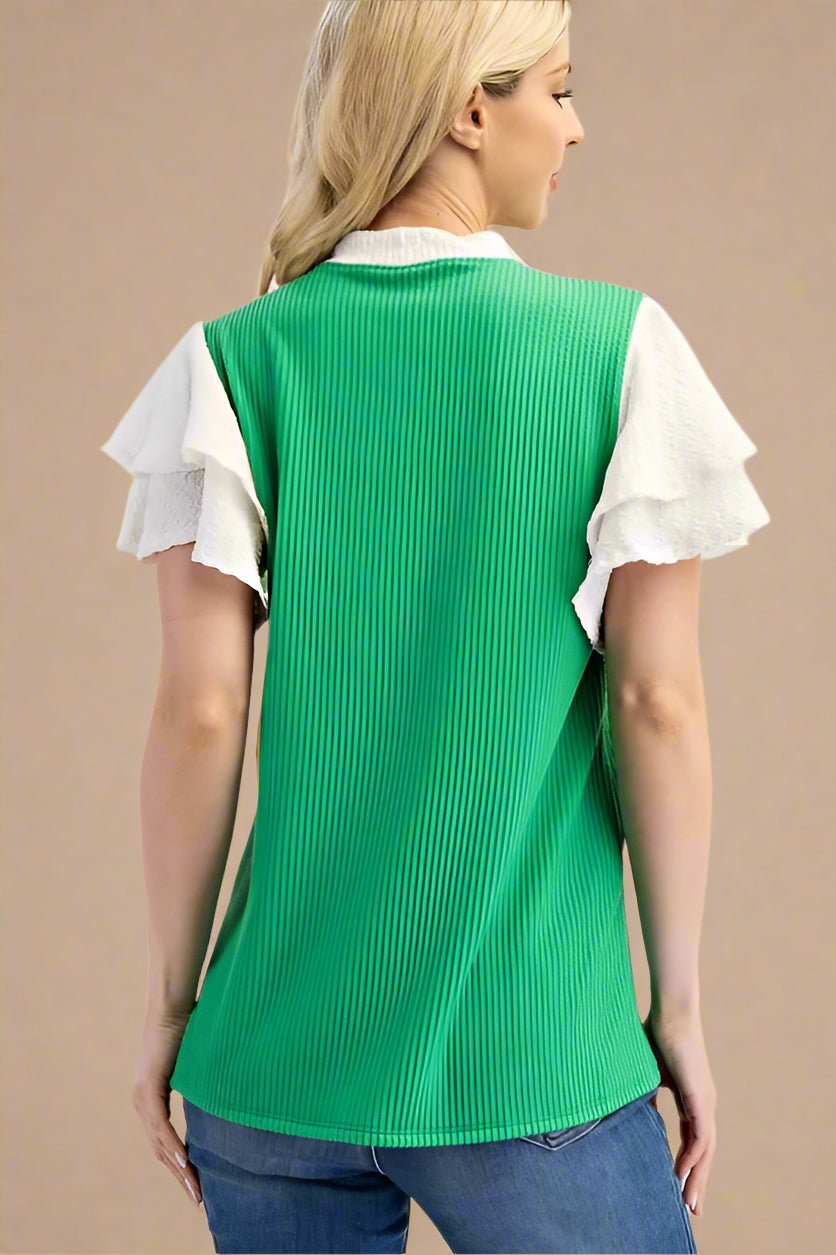 CELESTE - Green Textured V - Neck Top with White Ruffle Sleeves