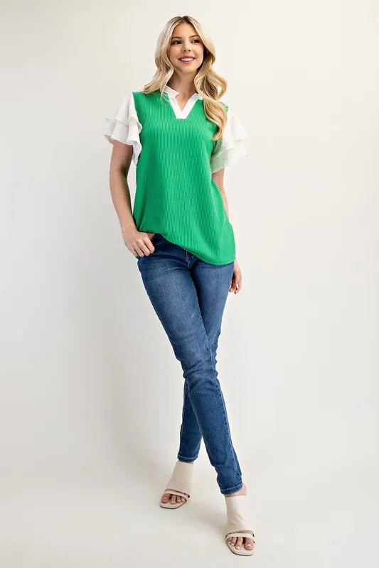 CELESTE - Green Textured V - Neck Top with White Ruffle Sleeves