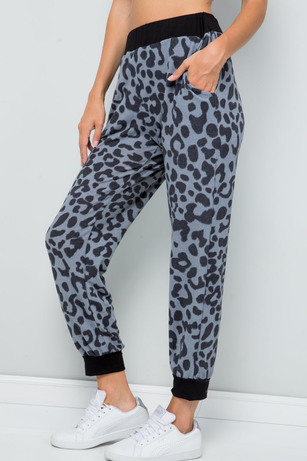 CELESTE - Grey Leopard Print Contrast Sweatpants