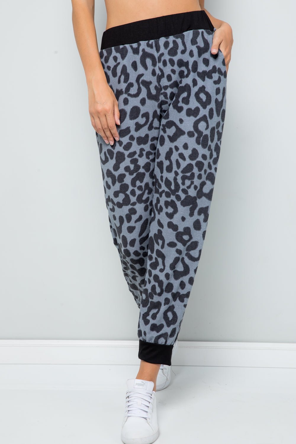 CELESTE - Grey Leopard Print Contrast Sweatpants