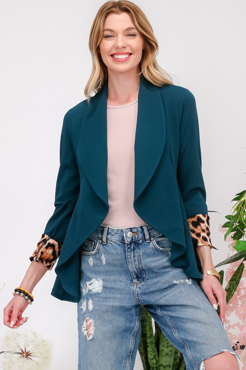 CELESTE - Hunter Green Leopard Cuff Open Front Blazer