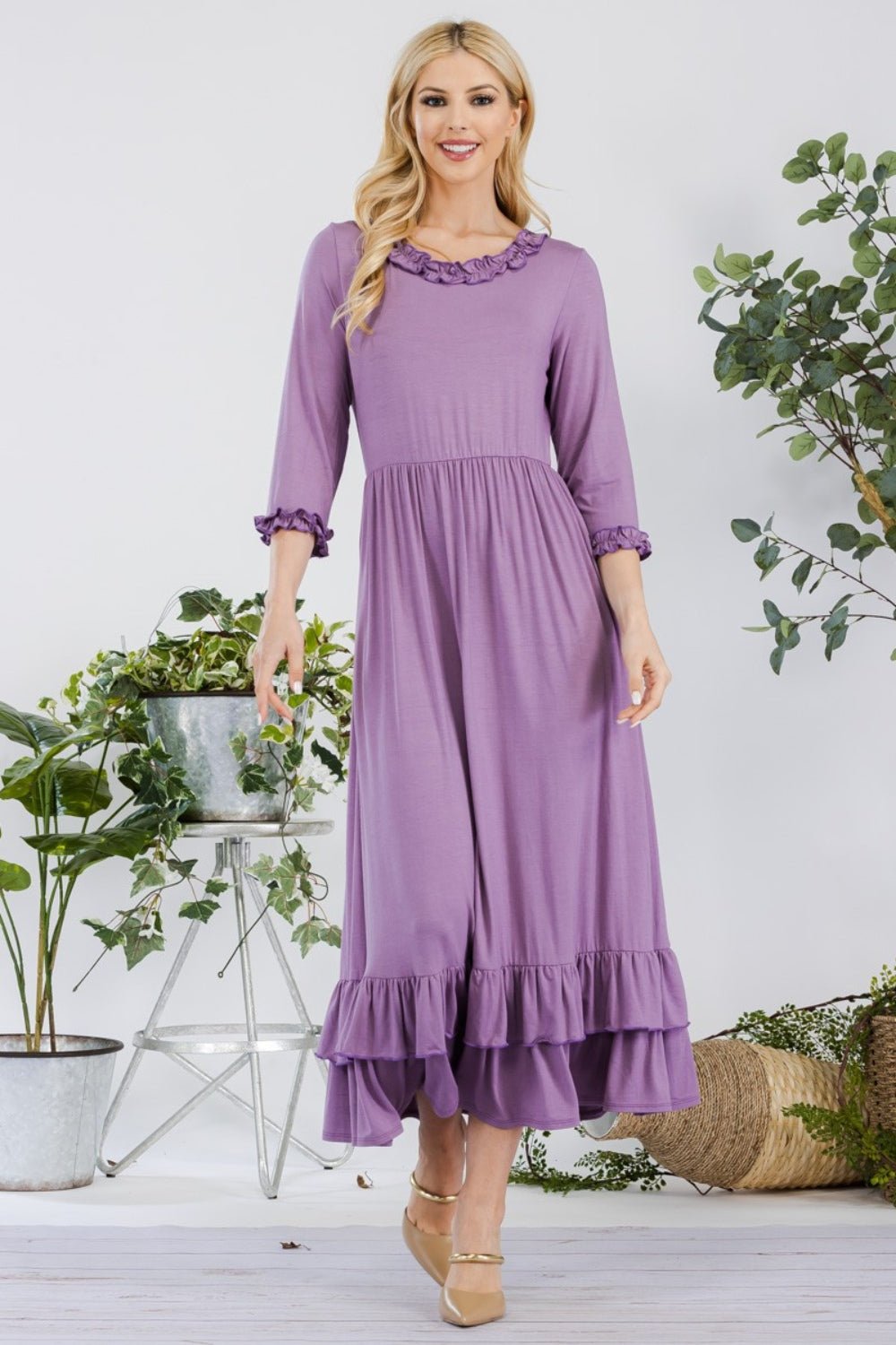 CELESTE - Layered Ruffle Hem Midi Dress with Pockets in Lilac