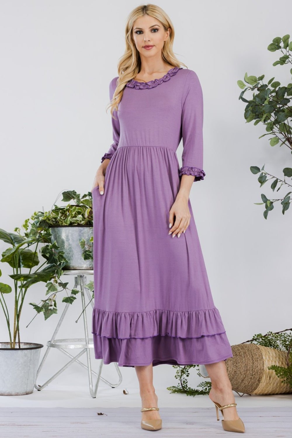 CELESTE - Layered Ruffle Hem Midi Dress with Pockets in Lilac