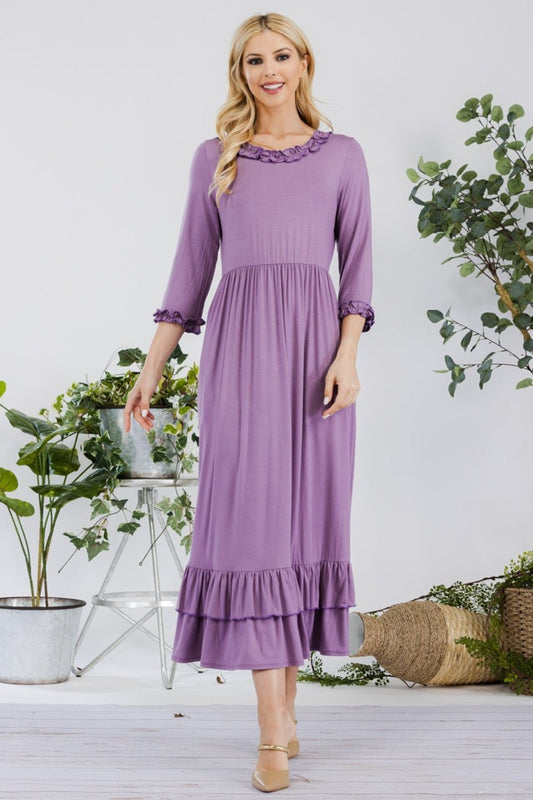 CELESTE - Layered Ruffle Hem Midi Dress with Pockets in Lilac