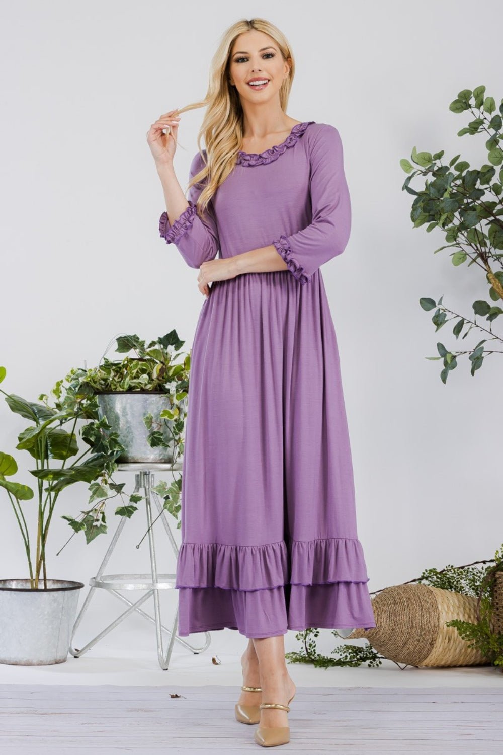 CELESTE - Layered Ruffle Hem Midi Dress with Pockets in Lilac