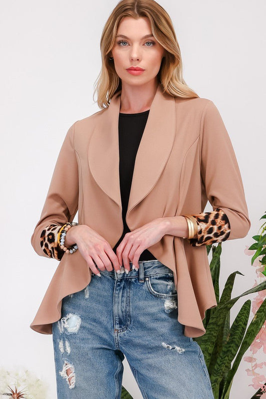 CELESTE - Leopard Cuff Open Front Blazer in Mocha