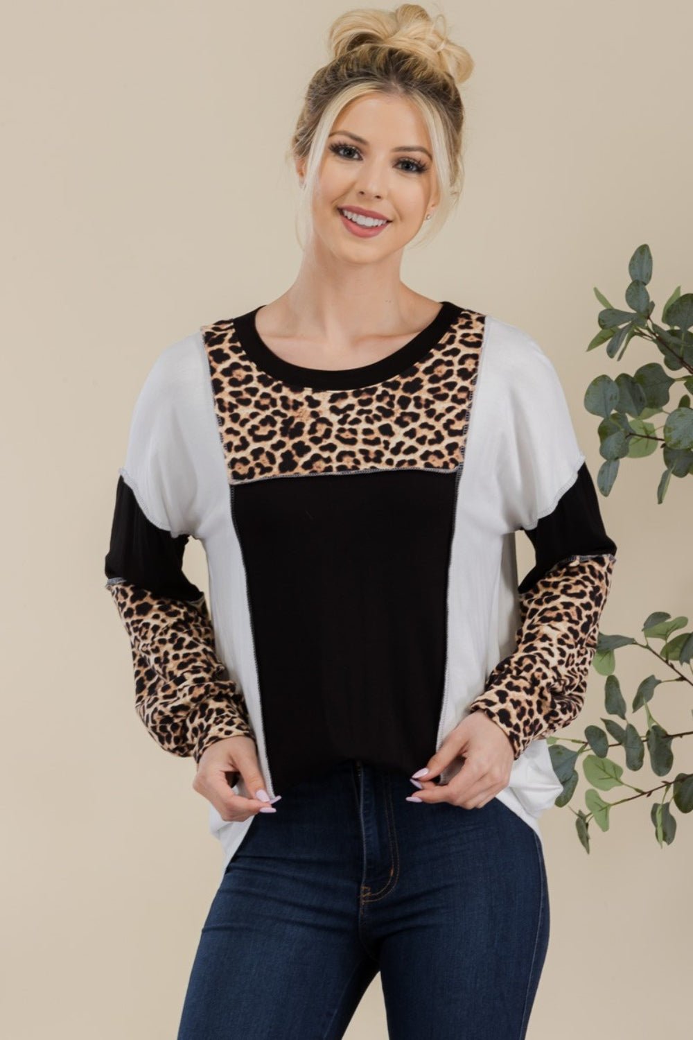 CELESTE - Leopard Print Color Block Exposed Seams T - Shirt in Black