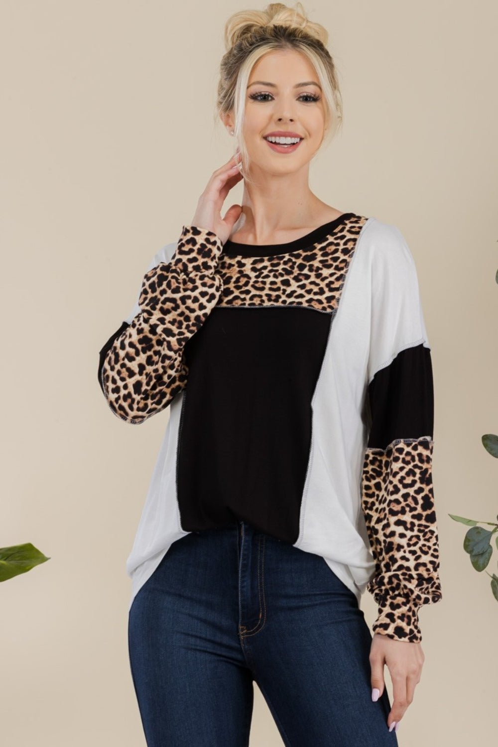 CELESTE - Leopard Print Color Block Exposed Seams T - Shirt in Black