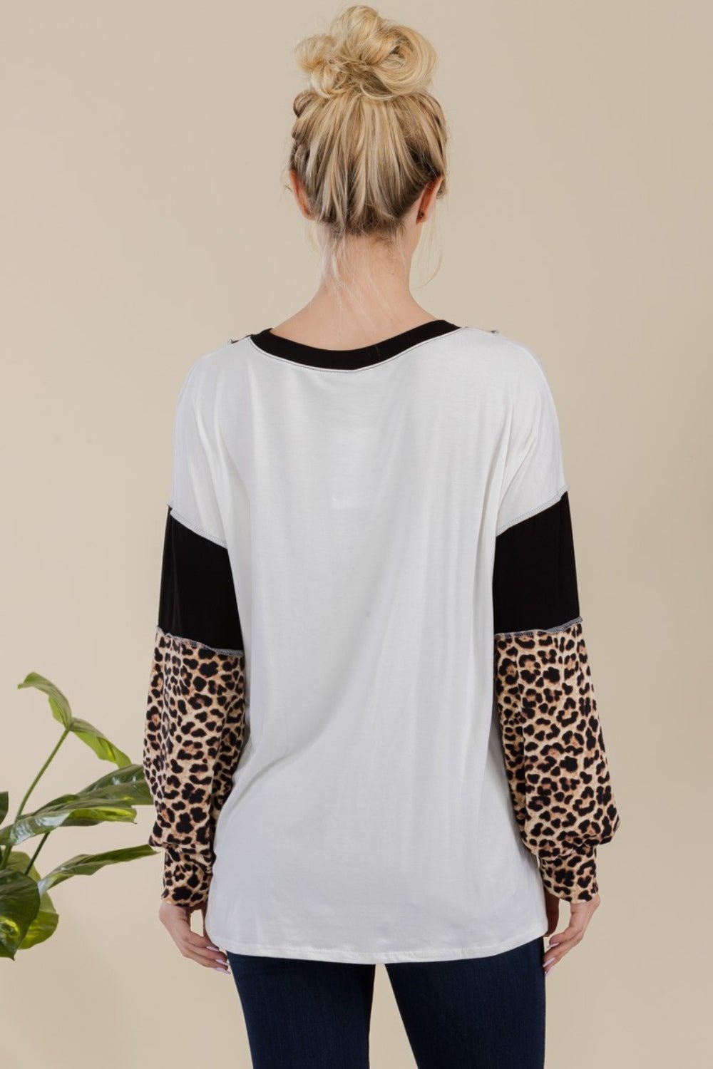 CELESTE - Leopard Print Color Block Exposed Seams T - Shirt in Black