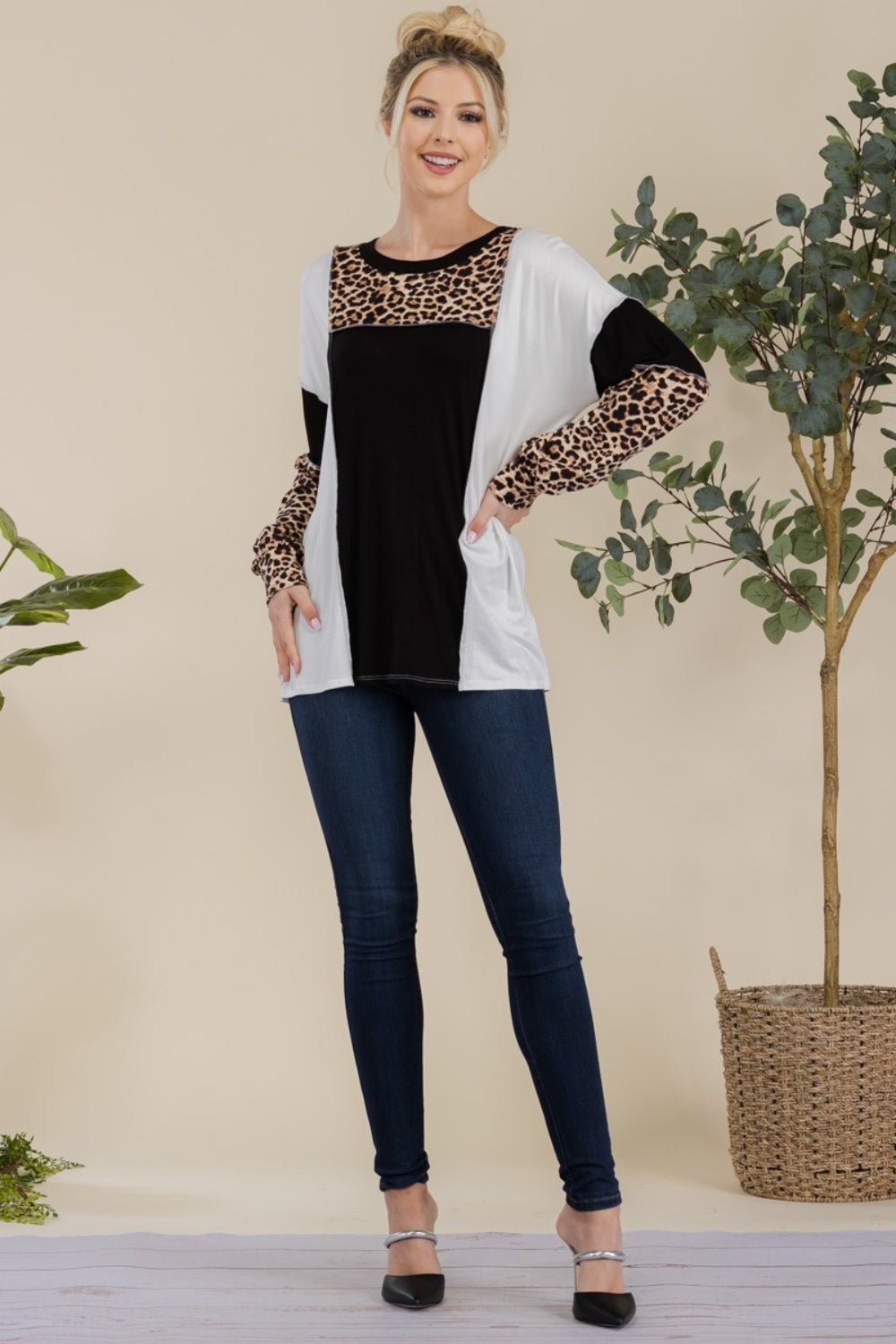 CELESTE - Leopard Print Color Block Exposed Seams T - Shirt in Black