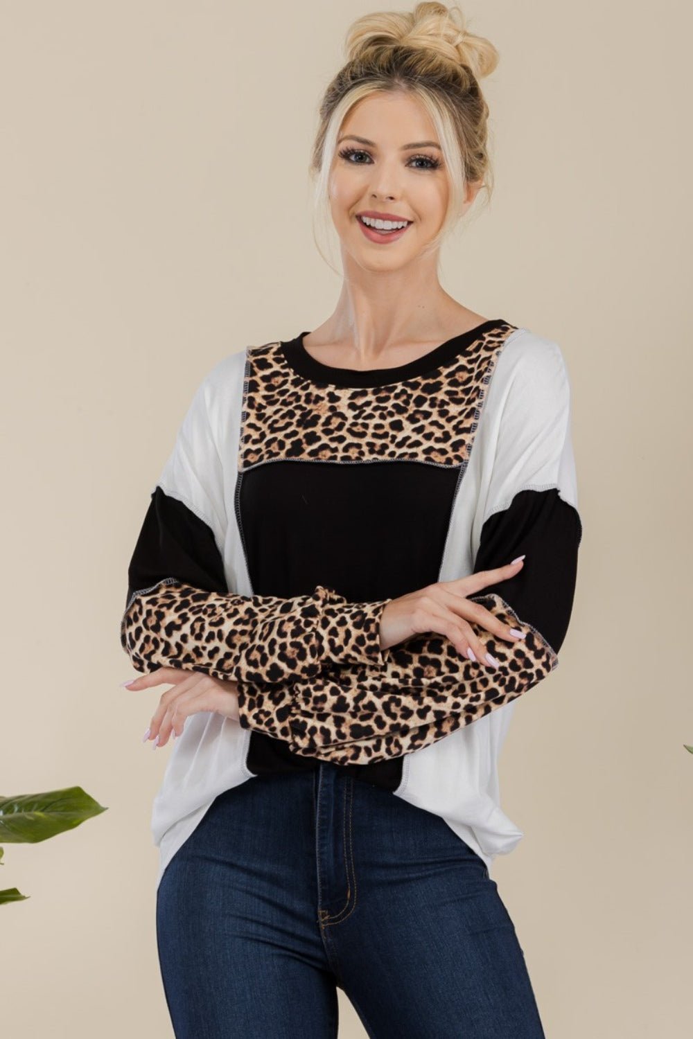 CELESTE - Leopard Print Color Block Exposed Seams T - Shirt in Black