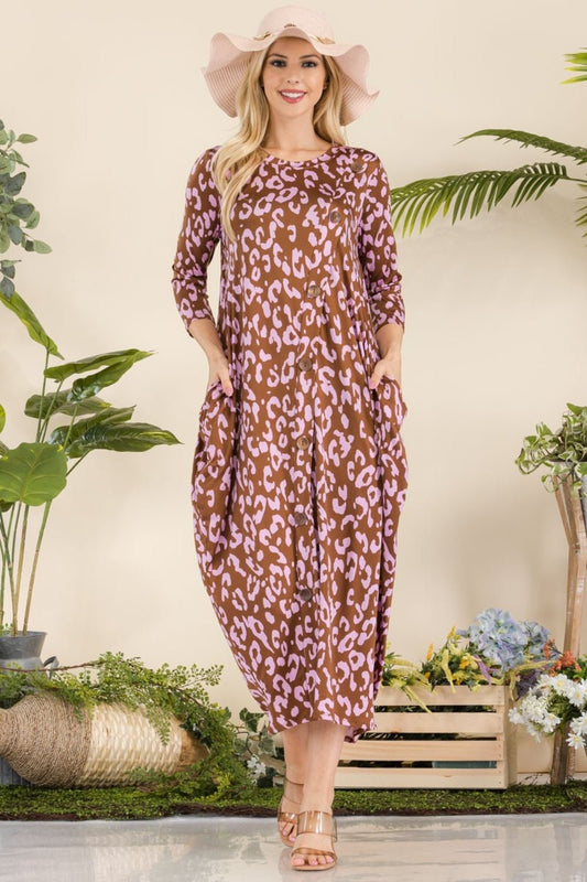 CELESTE - Leopard Print Contrast Midi Dress with Pockets in Brown Lilac