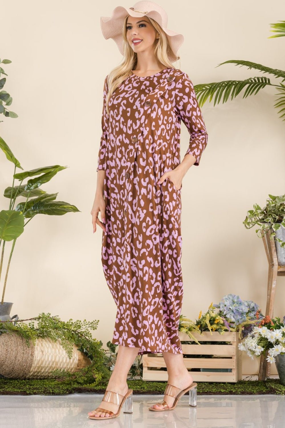 CELESTE - Leopard Print Contrast Midi Dress with Pockets in Brown Lilac