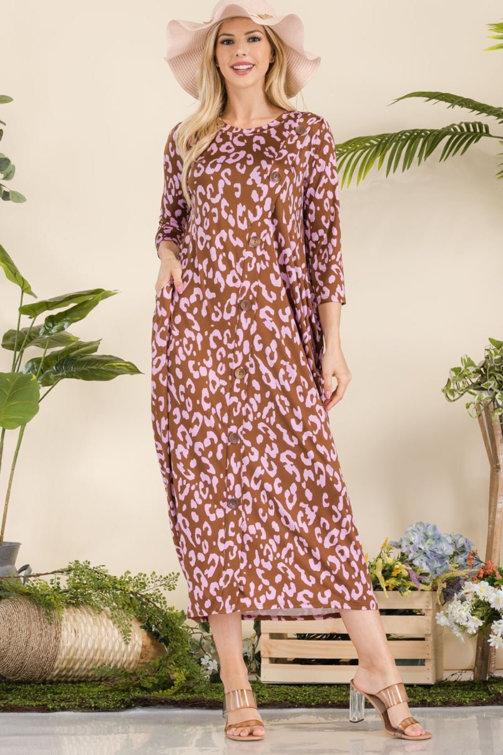 CELESTE - Leopard Print Contrast Midi Dress with Pockets in Brown Lilac