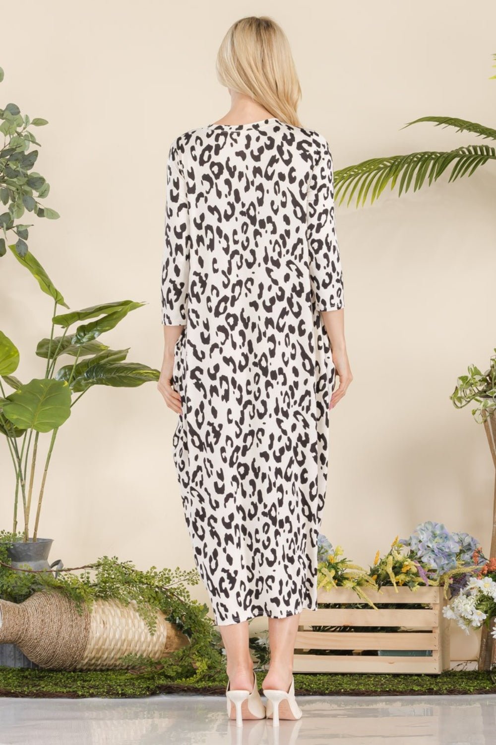 CELESTE - Leopard Print Midi Dress with Pockets in Beige Black