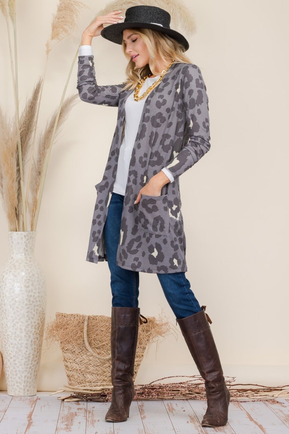 CELESTE - Leopard Print Open Front Contrast Cardigan in Grey