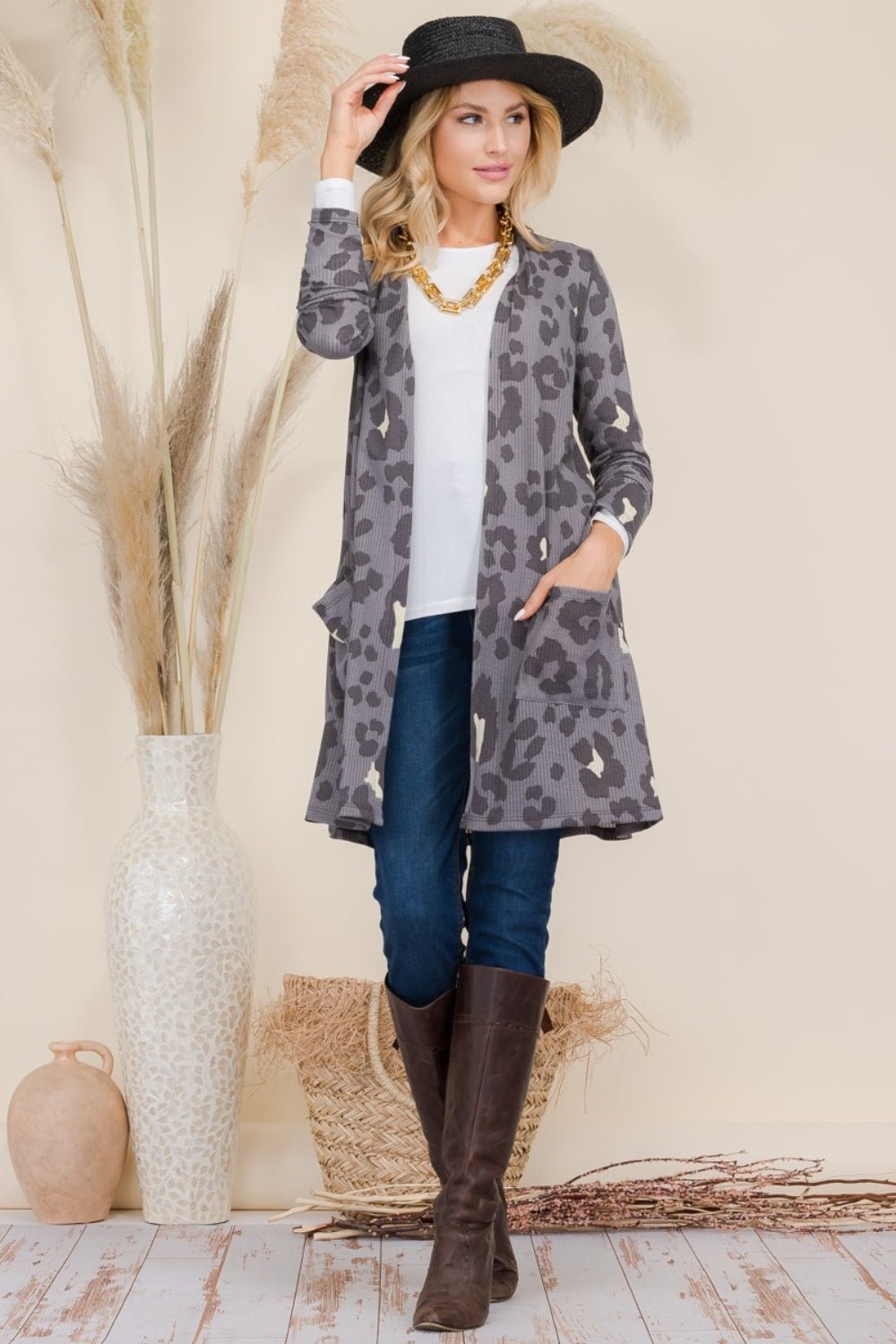 CELESTE - Leopard Print Open Front Contrast Cardigan in Grey