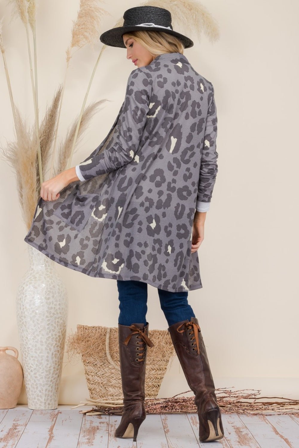 CELESTE - Leopard Print Open Front Contrast Cardigan in Grey