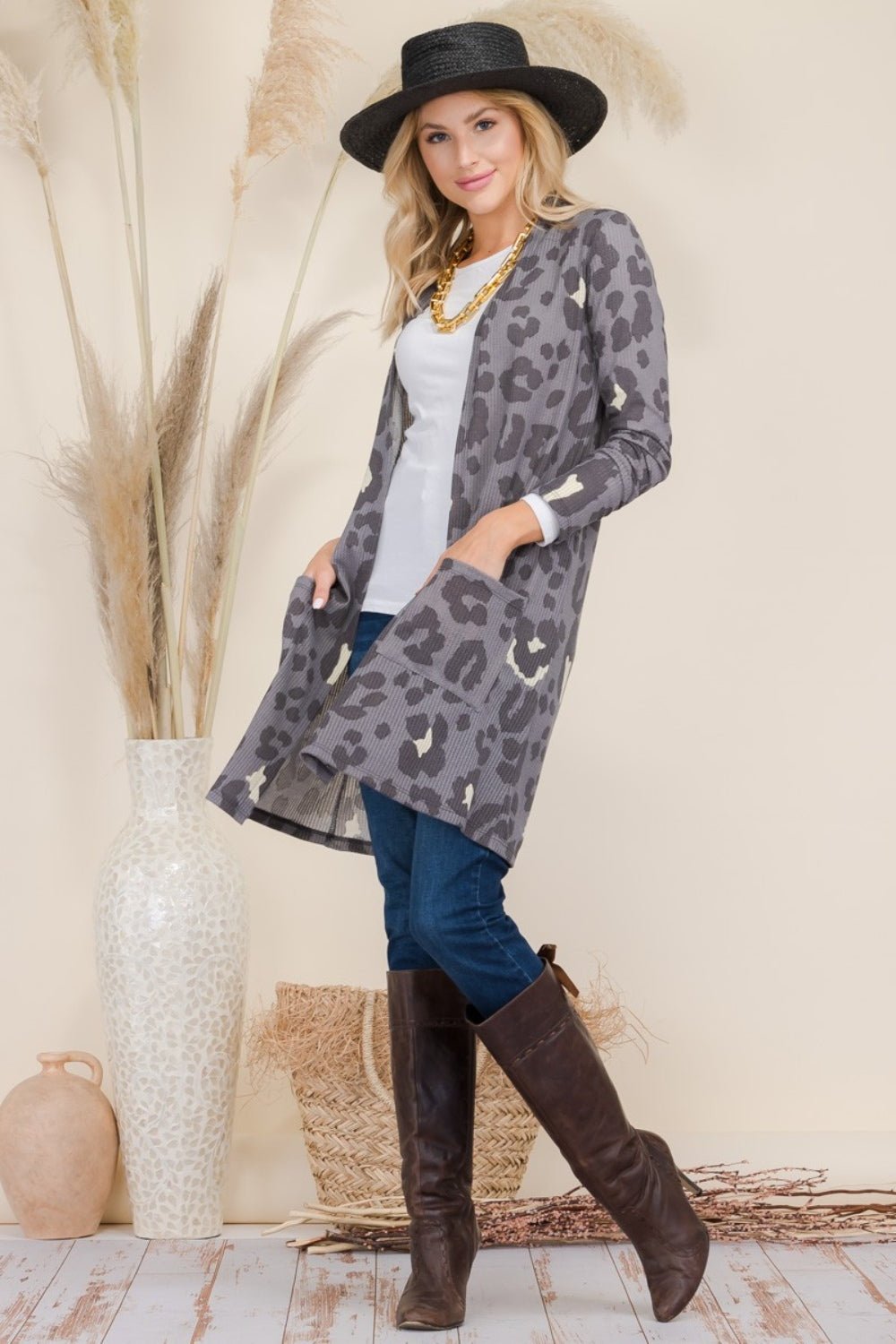 CELESTE - Leopard Print Open Front Contrast Cardigan in Grey