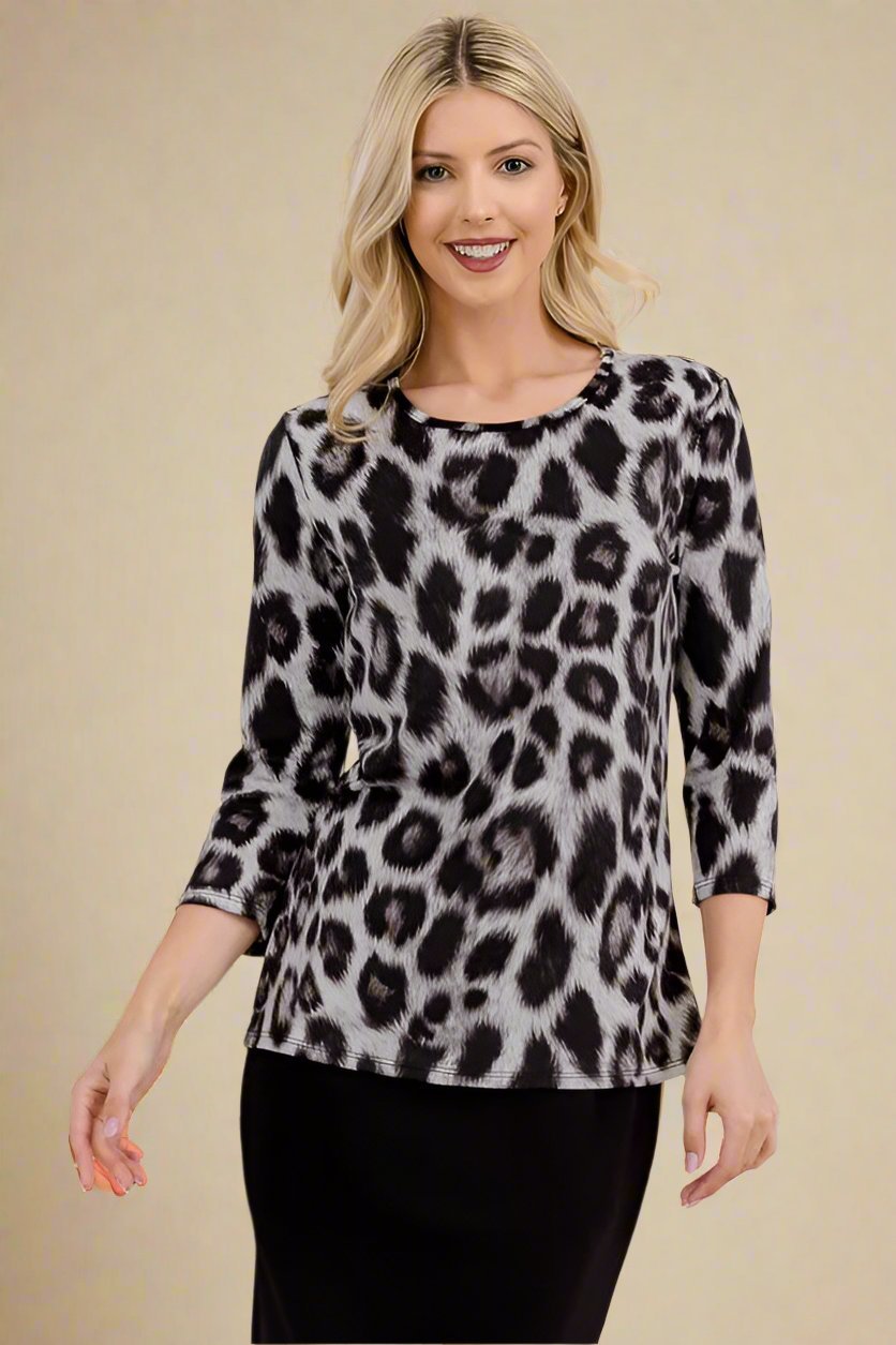 CELESTE - Leopard Print Three - Quarter Sleeve T-Shirt