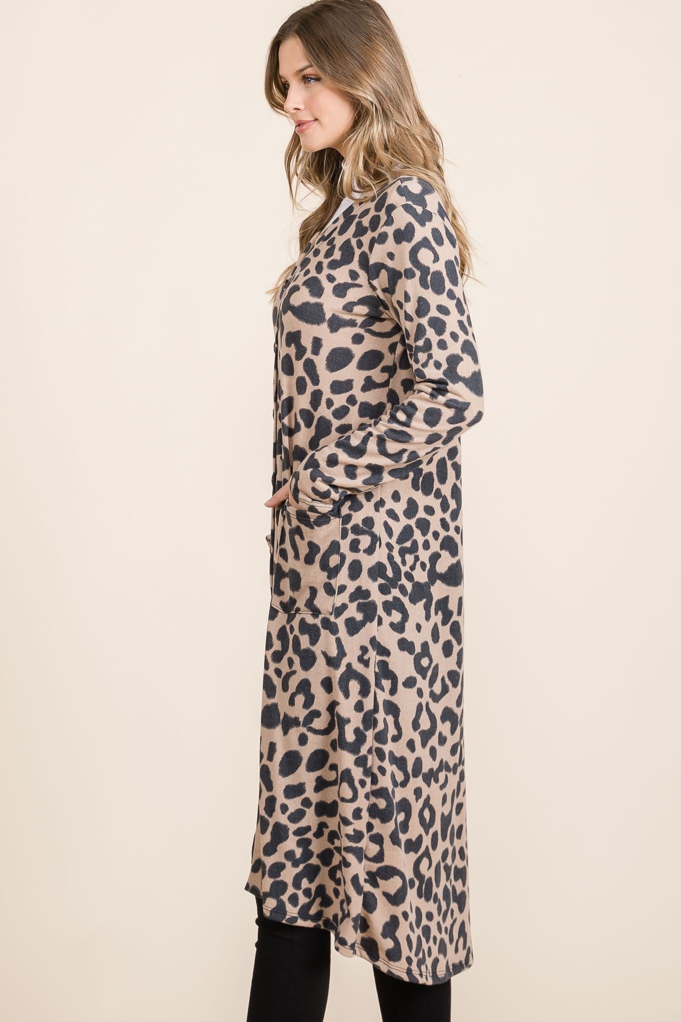 CELESTE - Leopard Print V - Neck Duster Cardigan in Mocha