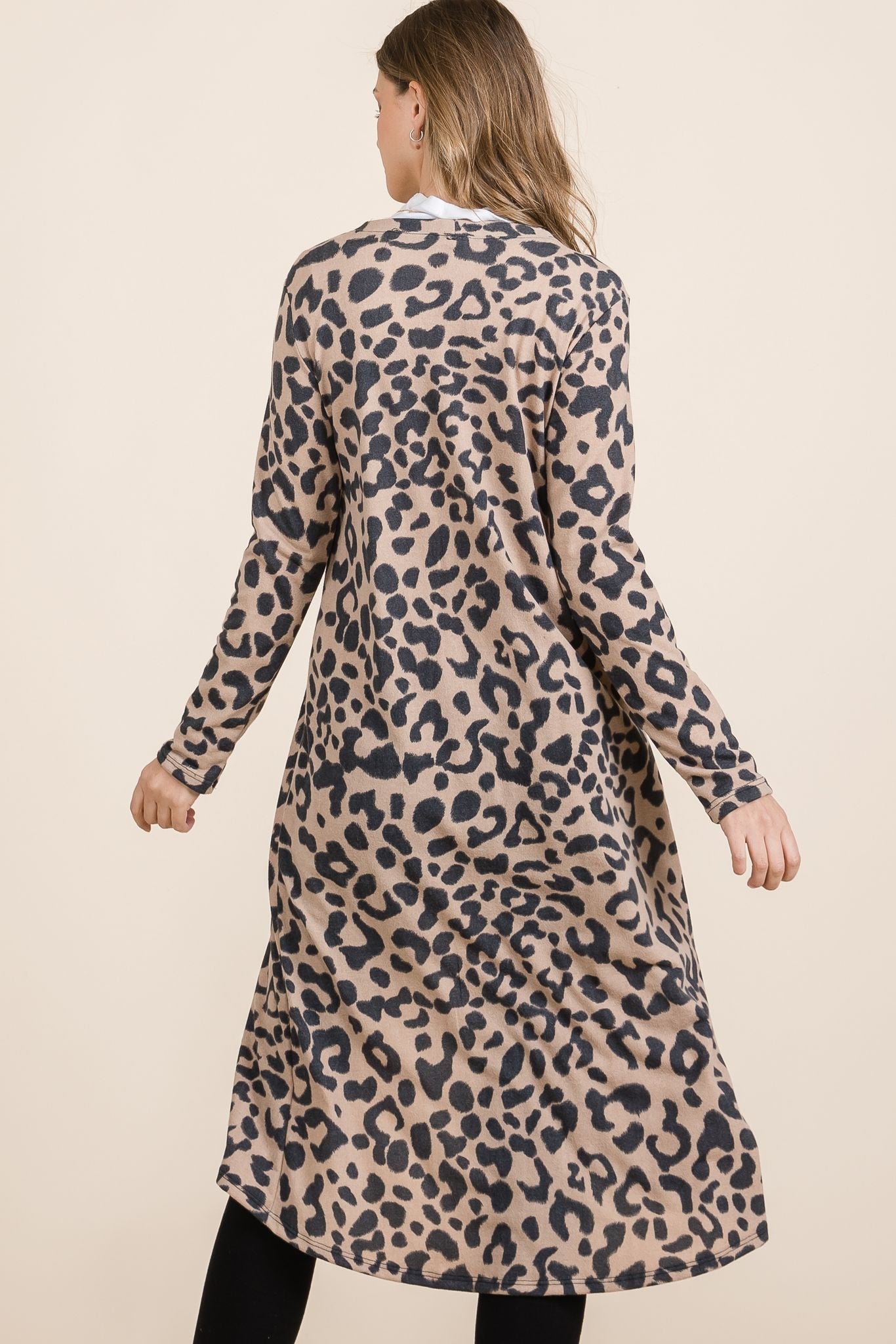 CELESTE - Leopard Print V - Neck Duster Cardigan in Mocha