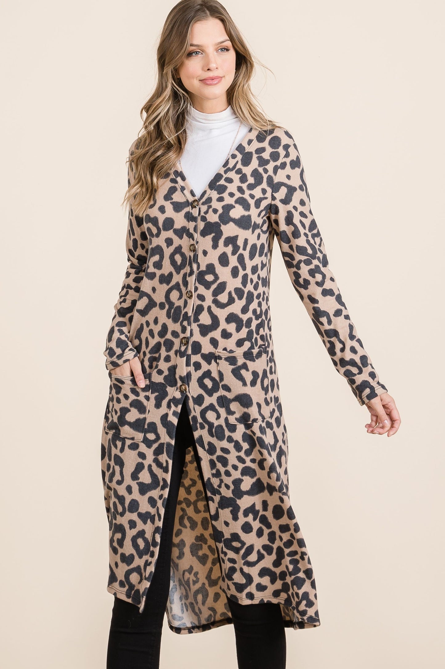 CELESTE - Leopard Print V - Neck Duster Cardigan in Mocha