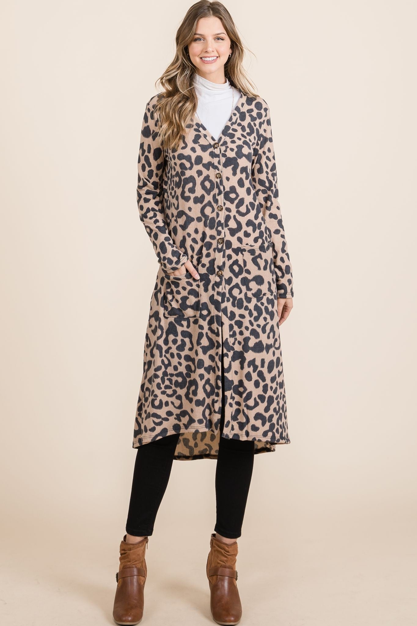 CELESTE - Leopard Print V - Neck Duster Cardigan in Mocha