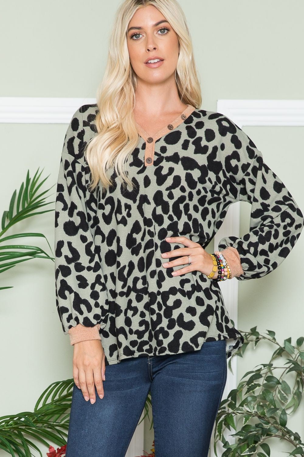 CELESTE - Leopard Print V - Neck Long Sleeve Blouse in Olive