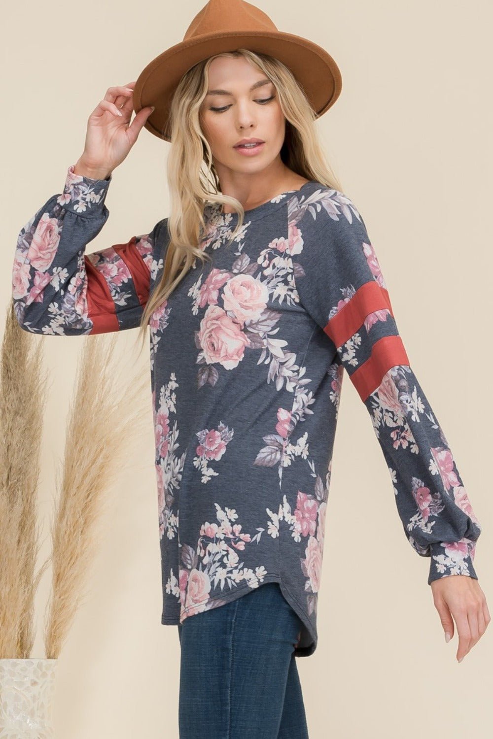 CELESTE - Navy Floral Curved Hem T-Shirt with Stripe Detail