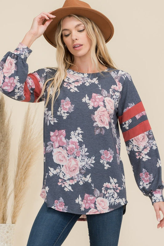 CELESTE - Navy Floral Curved Hem T-Shirt with Stripe Detail