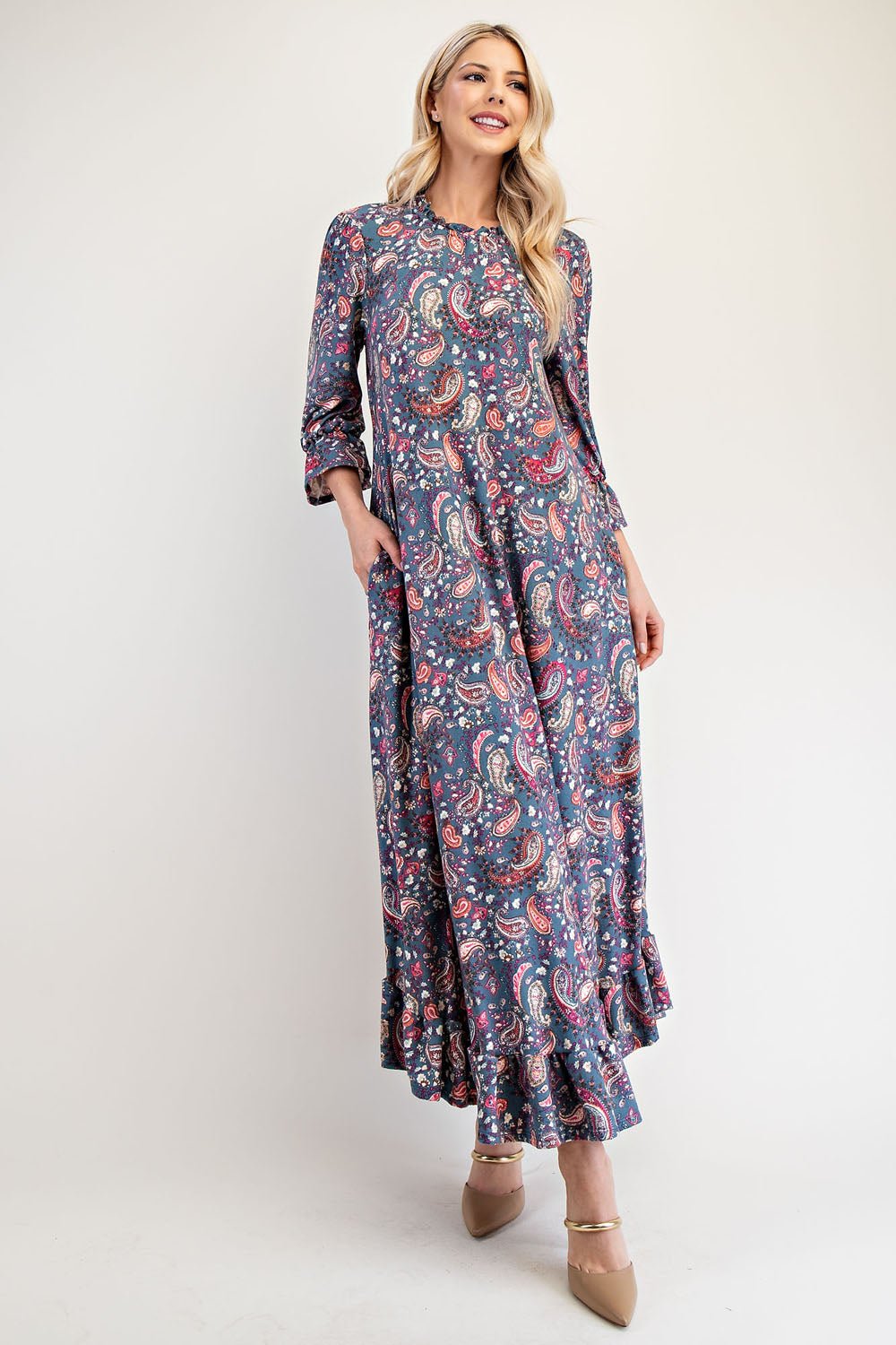 CELESTE - Navy Paisley Ruffle Hem Maxi Dress with Pockets