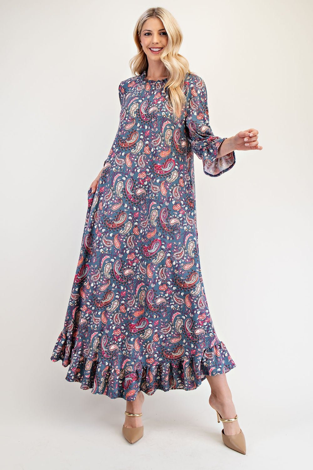 CELESTE - Navy Paisley Ruffle Hem Maxi Dress with Pockets