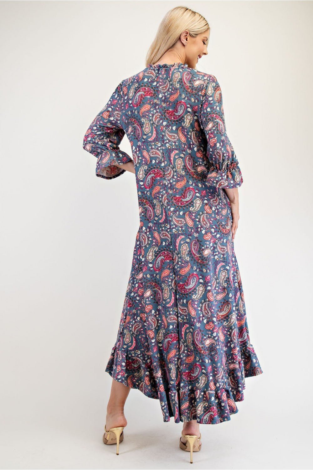 CELESTE - Navy Paisley Ruffle Hem Maxi Dress with Pockets