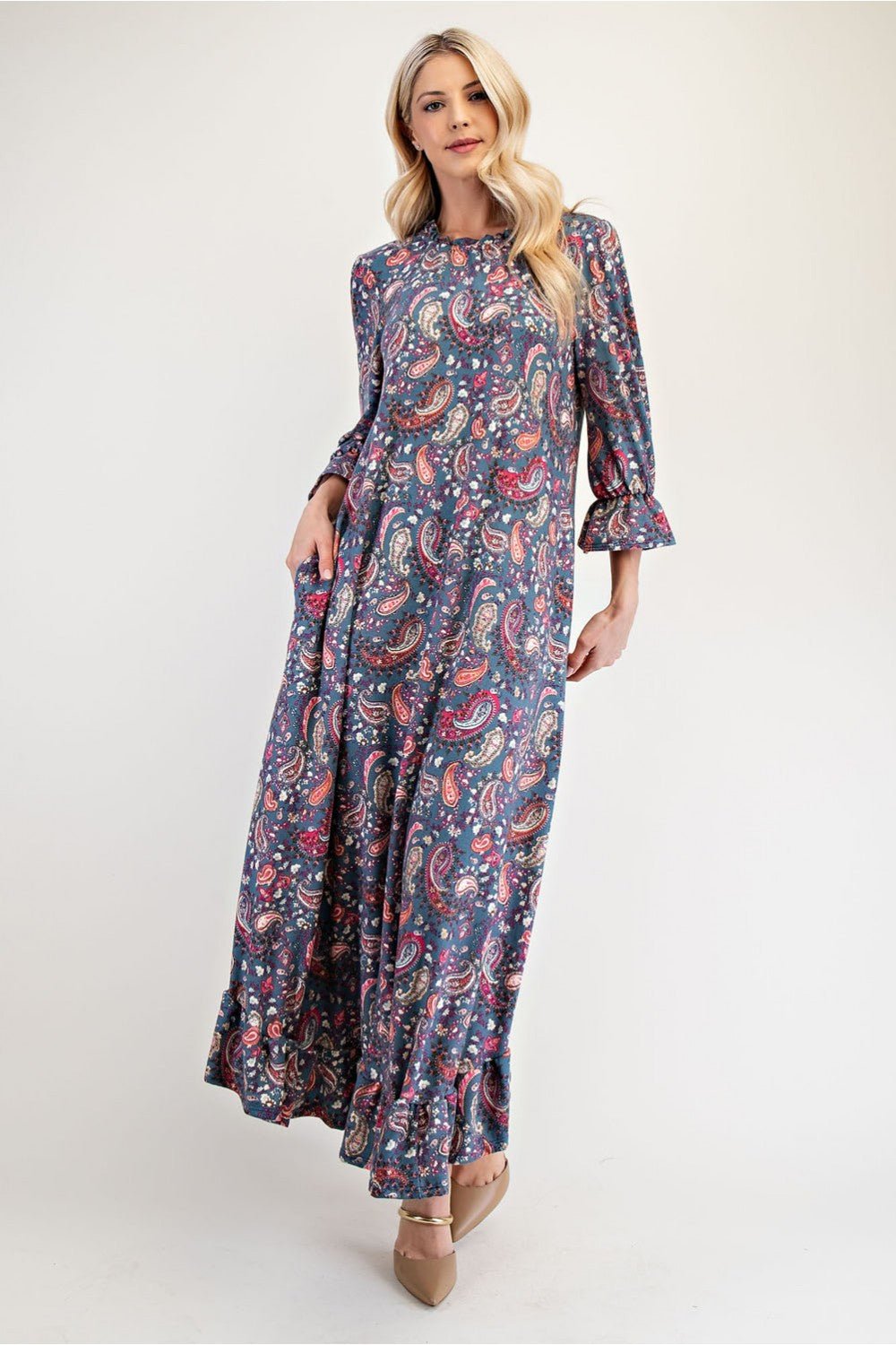 CELESTE - Navy Paisley Ruffle Hem Maxi Dress with Pockets