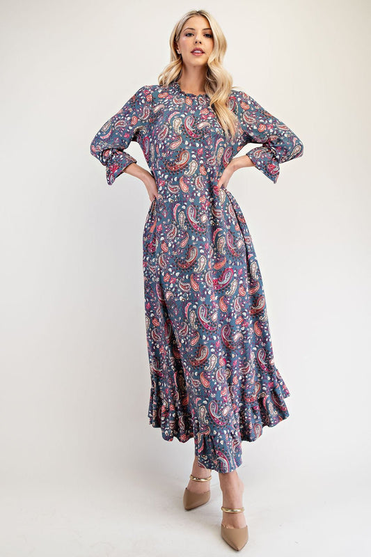 CELESTE - Navy Paisley Ruffle Hem Maxi Dress with Pockets