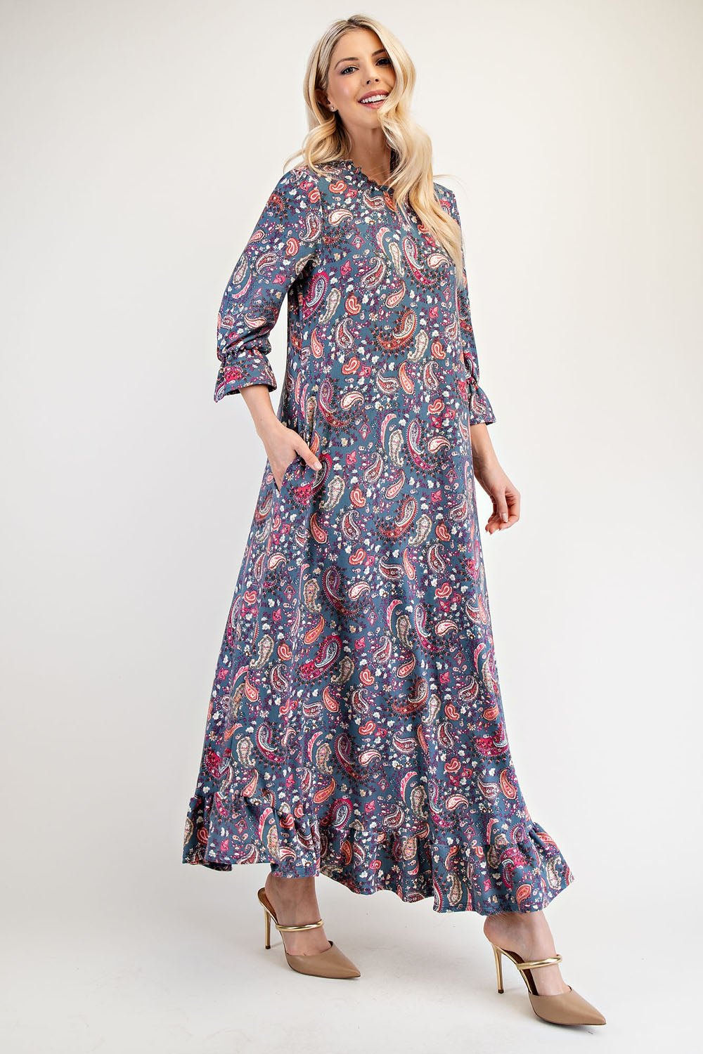 CELESTE - Navy Paisley Ruffle Hem Maxi Dress with Pockets