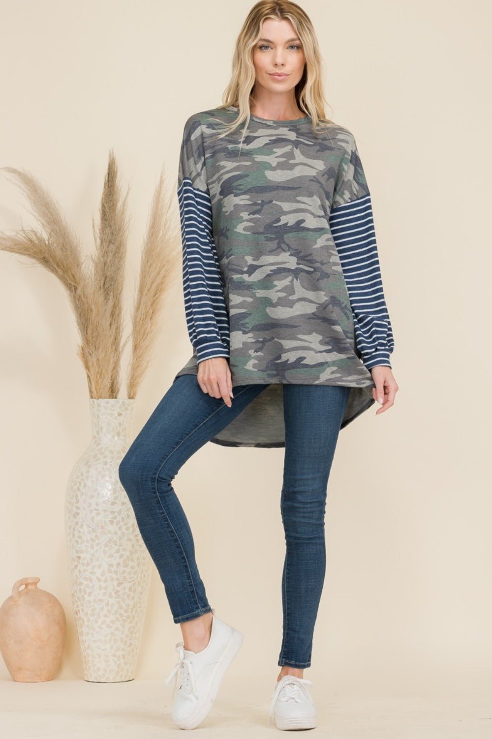 CELESTE - Olive Camo Print High - Low Hem T-Shirt with Striped Sleeves