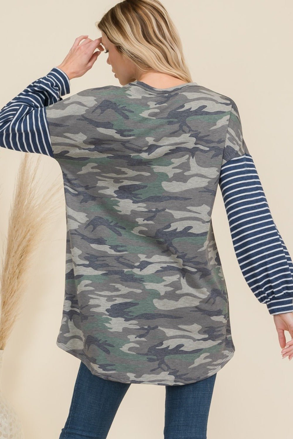 CELESTE - Olive Camo Print High - Low Hem T-Shirt with Striped Sleeves