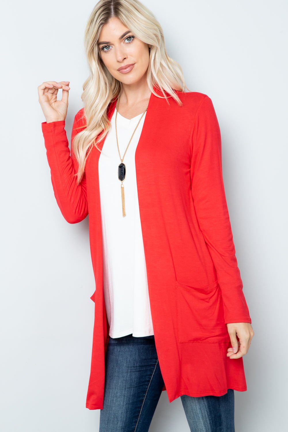 CELESTE - Open Front Cardigan with Pockets in Light Coral