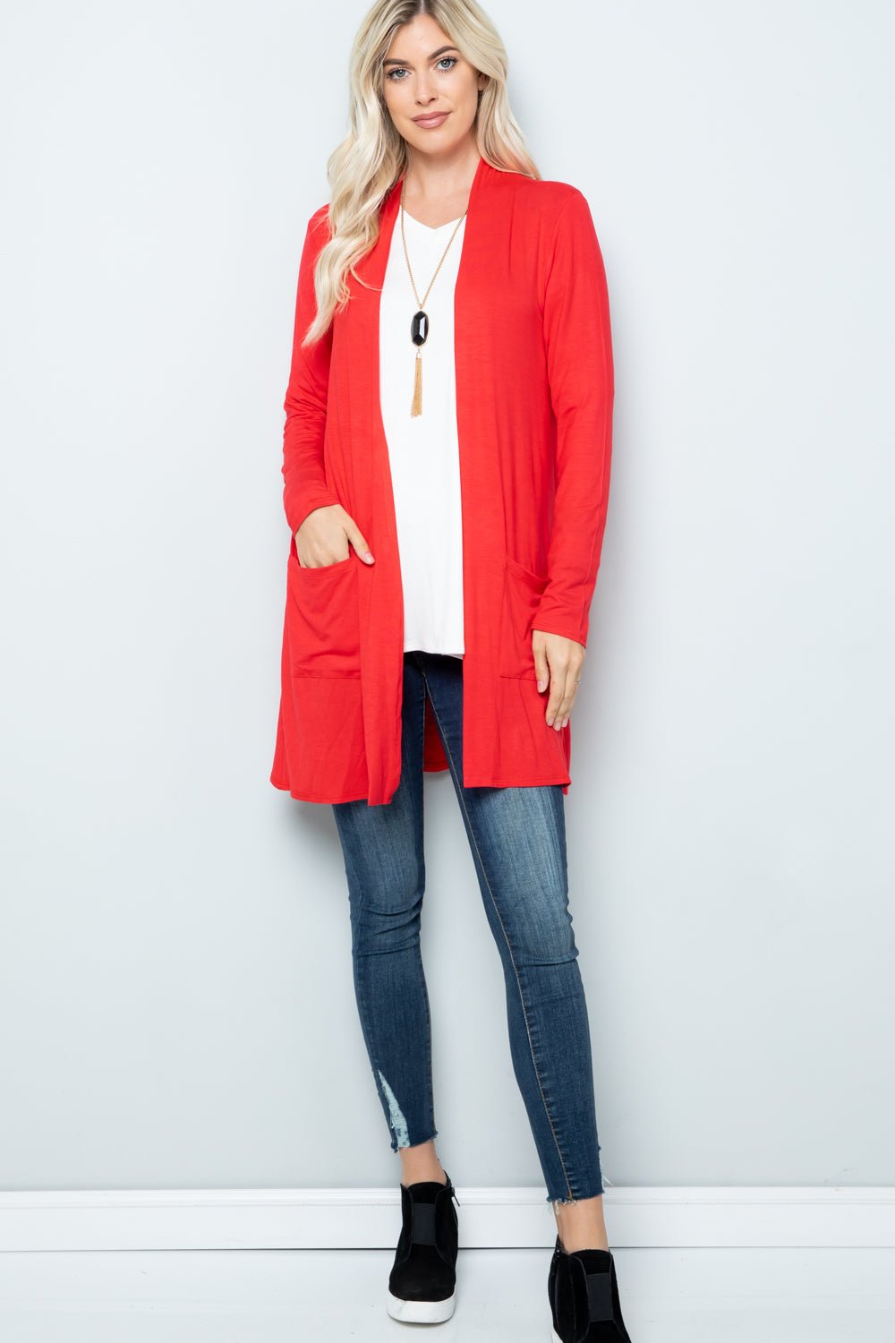 CELESTE - Open Front Cardigan with Pockets in Light Coral