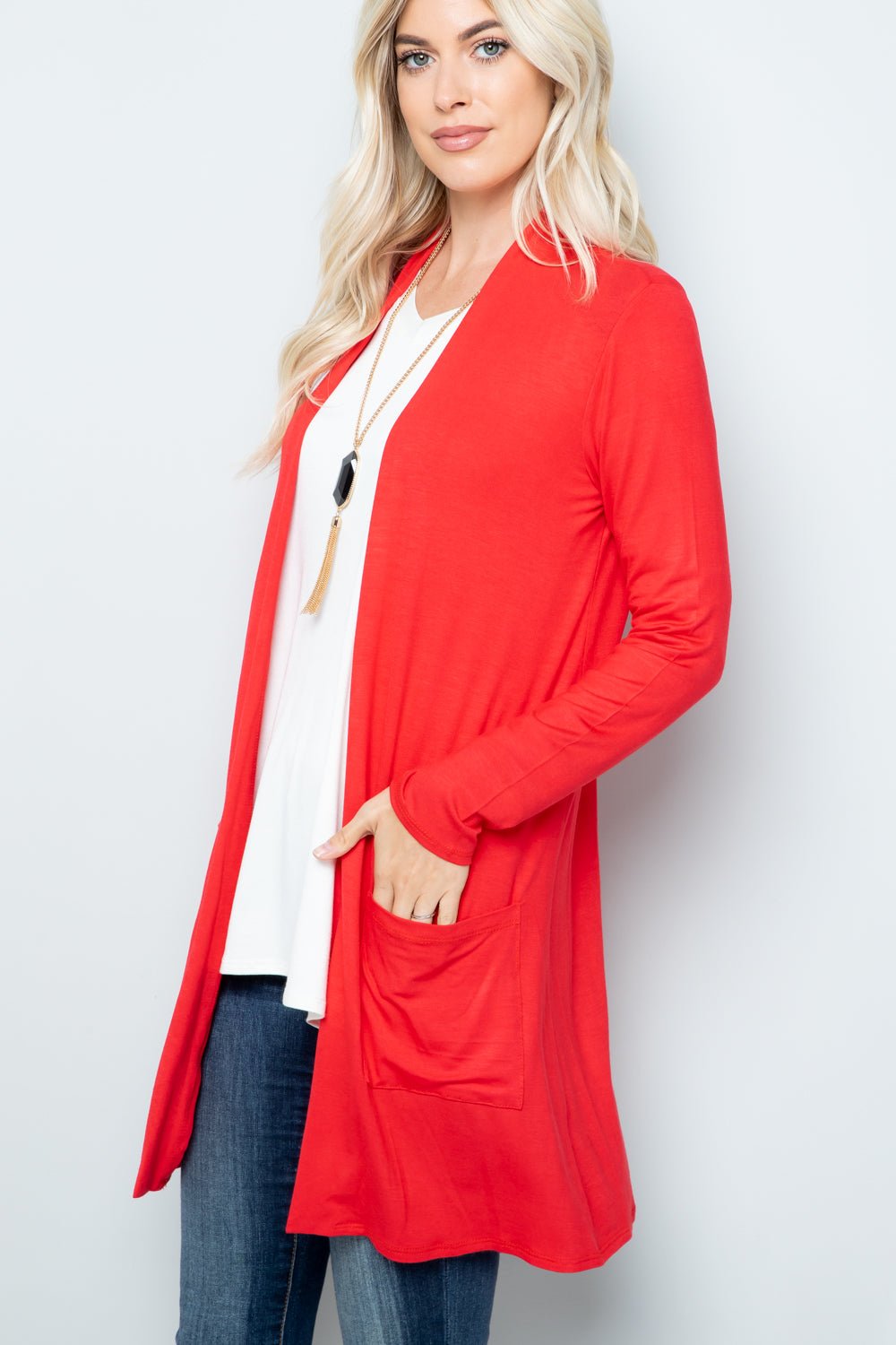 CELESTE - Open Front Cardigan with Pockets in Light Coral