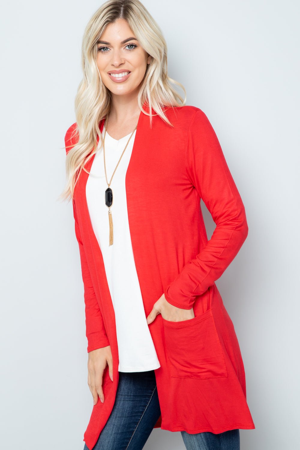 CELESTE - Open Front Cardigan with Pockets in Light Coral