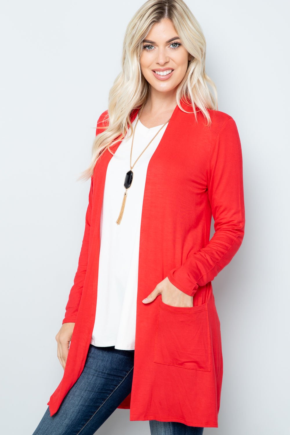 CELESTE - Open Front Cardigan with Pockets in Light Coral