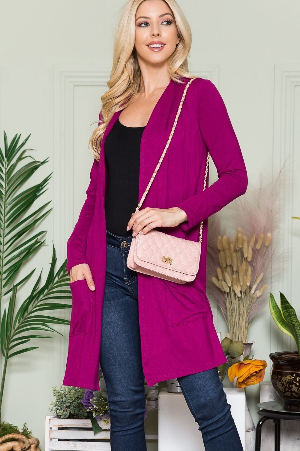 CELESTE - Open Front Cardigan with Pockets in Magenta