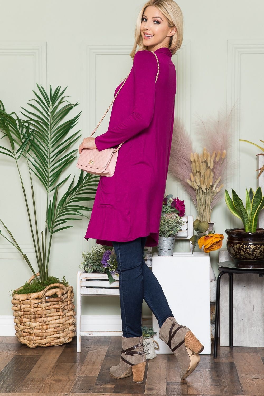 CELESTE - Open Front Cardigan with Pockets in Magenta