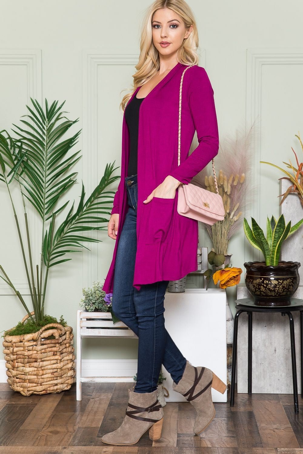 CELESTE - Open Front Cardigan with Pockets in Magenta