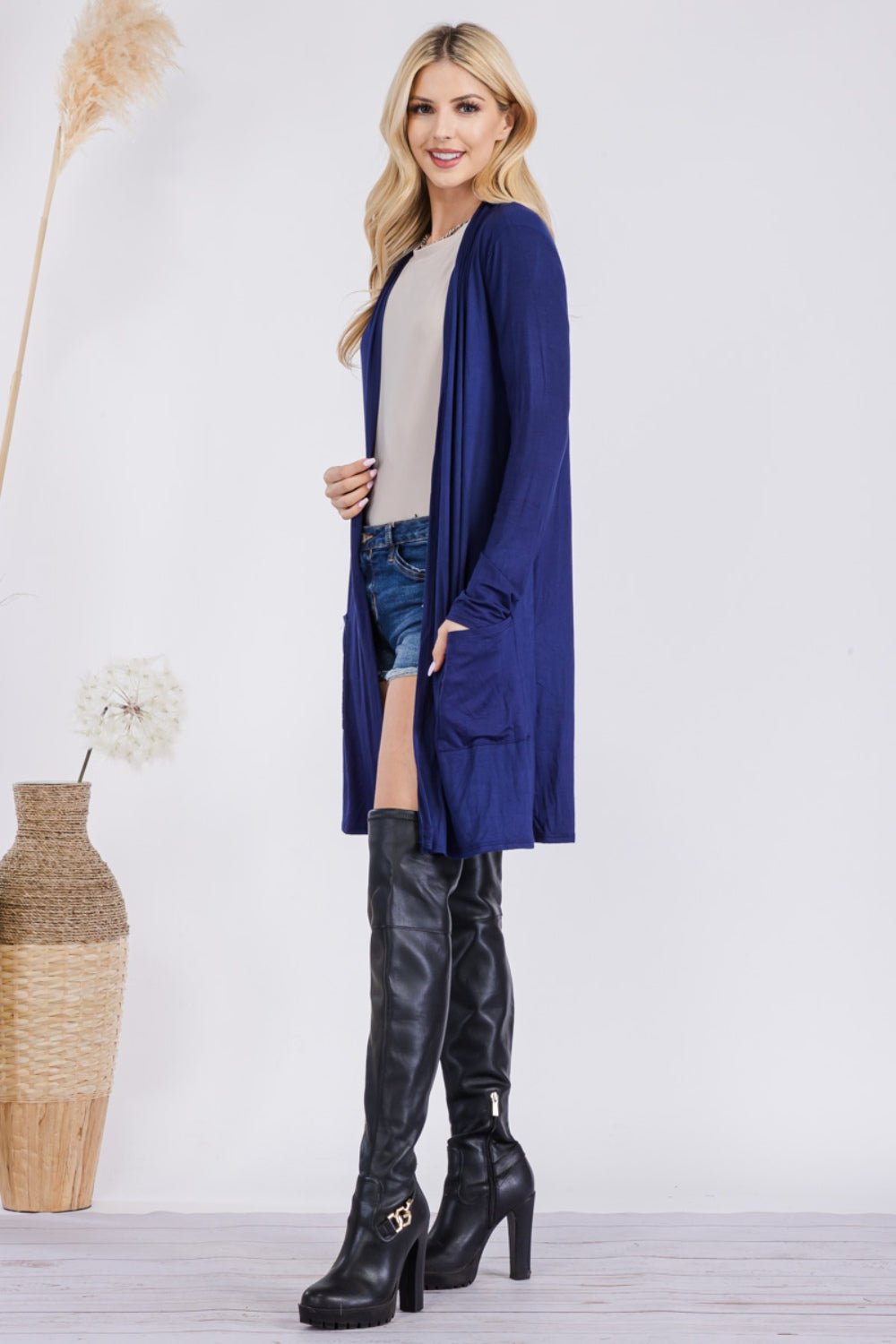 CELESTE - Open Front Cardigan with Pockets in Navy