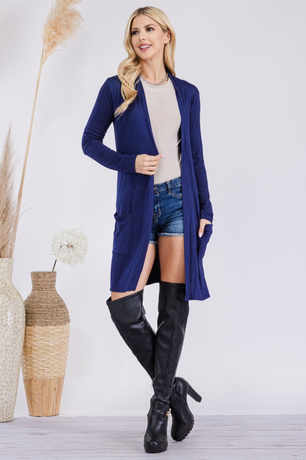 CELESTE - Open Front Cardigan with Pockets in Navy