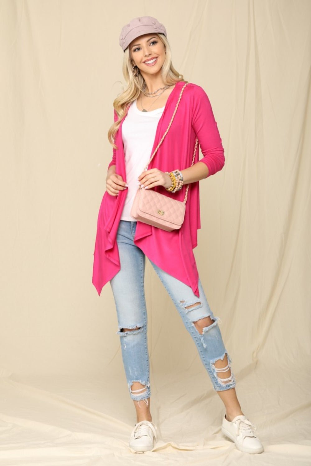 CELESTE - Open Front Knit Cardigan in Fuchsia